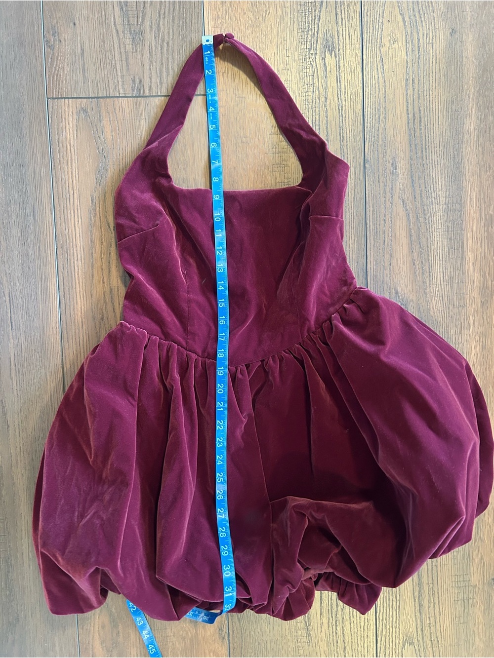 Maroon Velvet Halter Mini Dress with Voluminous Bubble Hem Silhouette - Picture 5 of 6